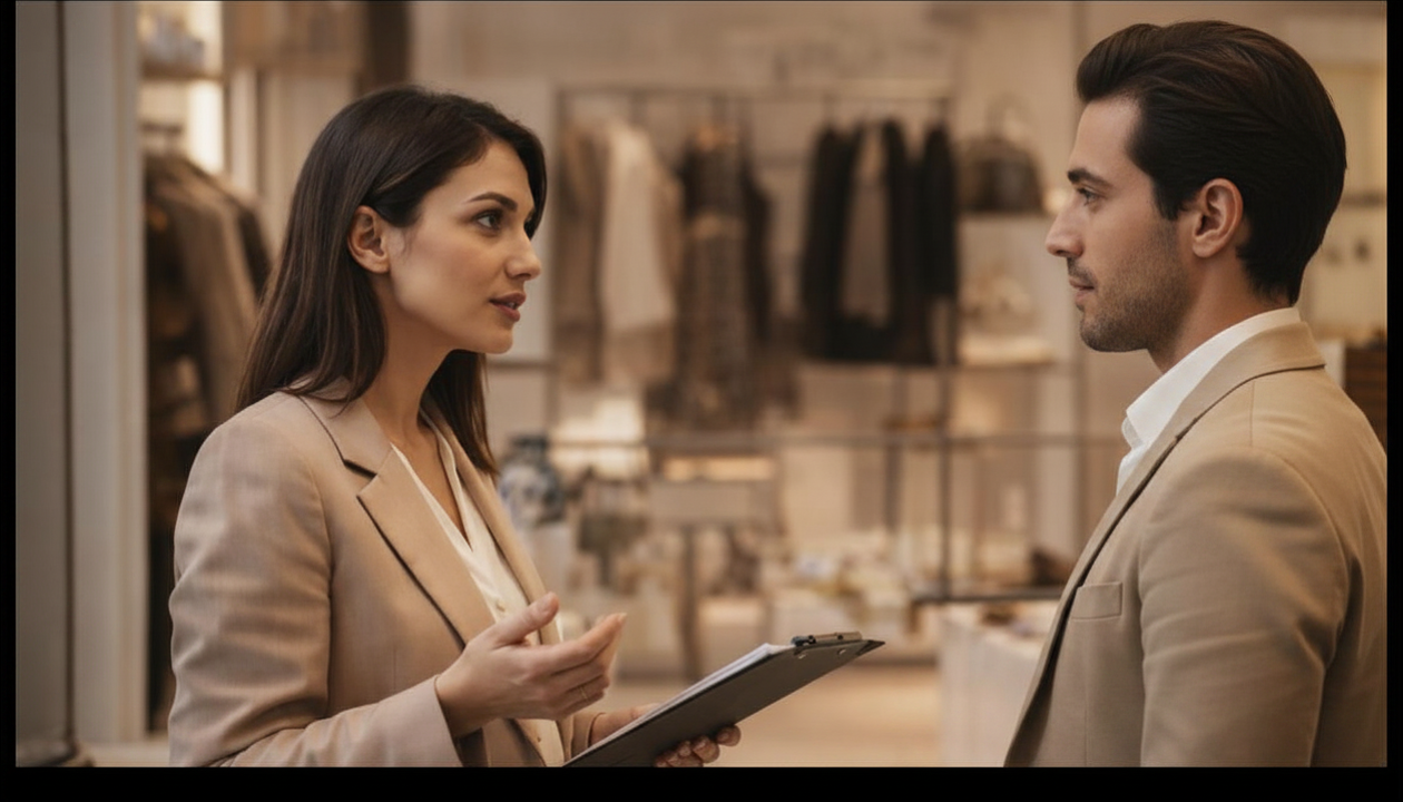 Consultant en retail luxe en débrief avec un collaborateur en boutique